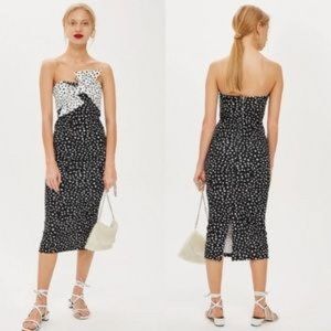 Topshop Polka Dotted Strapless Knot Bow Front Midi Cocktail Dress